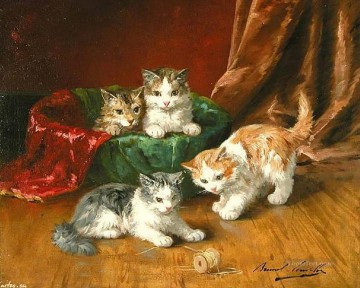 Cat Painting - Alfred Brunel de Neuville 4 kittens